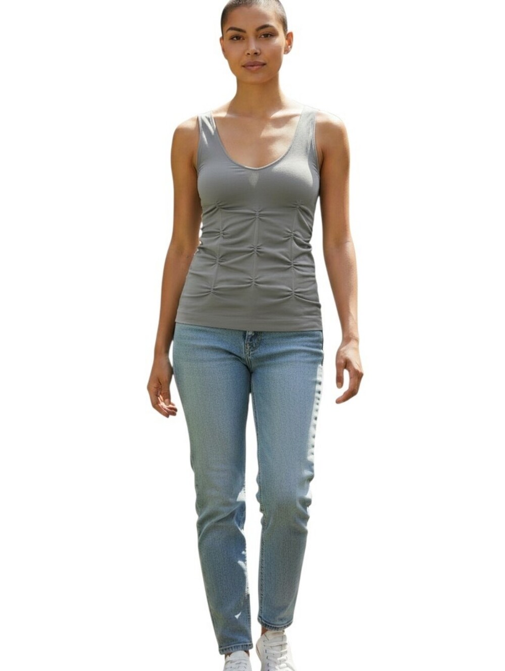 P. Luca Ruched Scoop Neck Tank Top - Gray SZ M/L